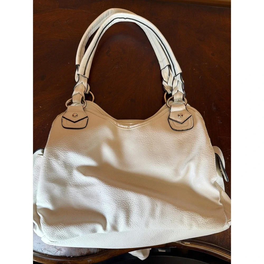Rosetti Ivory Faux Leather Shoulder Bag Braided Strap Multi Pocket Hobo Purse